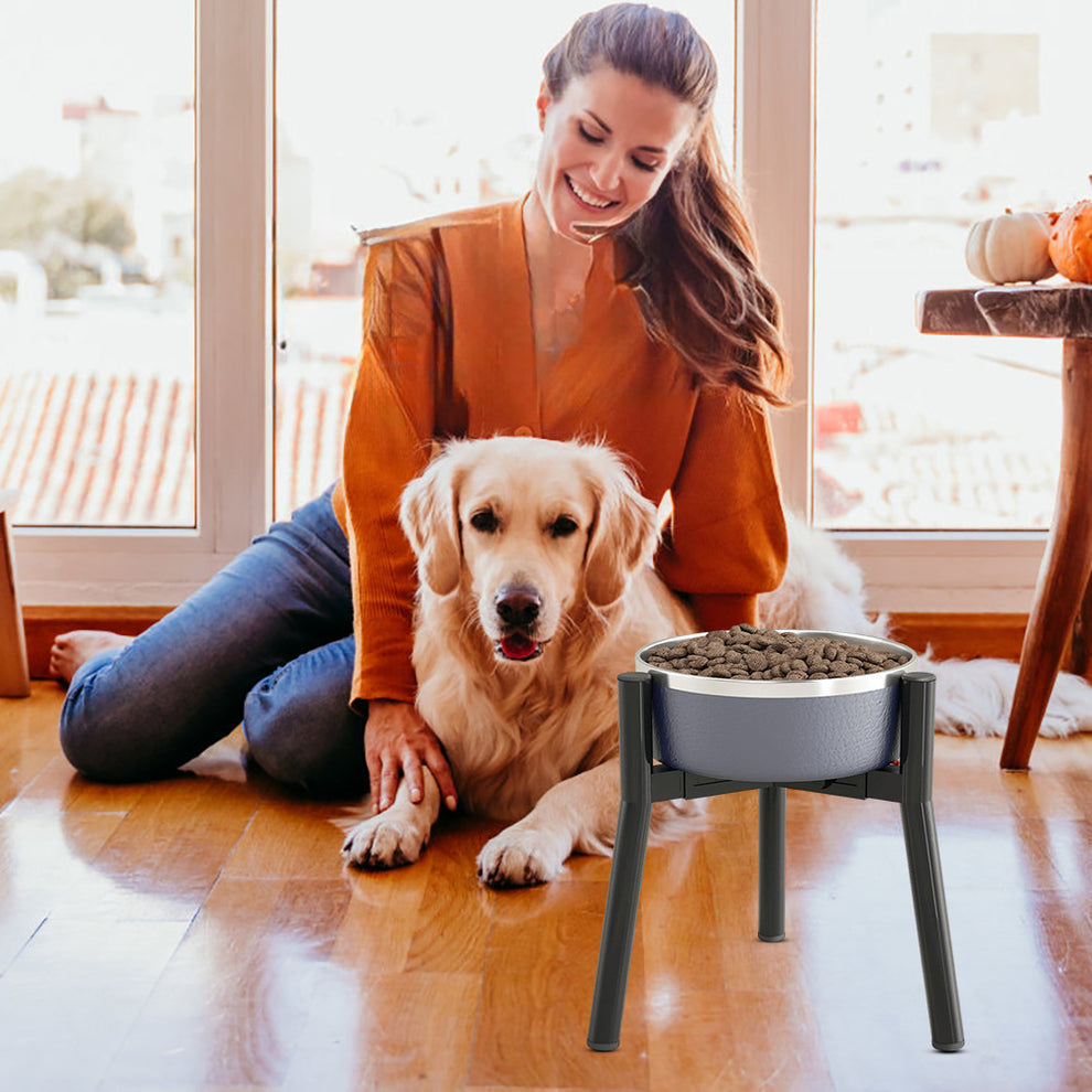 A smiling woman sits beside her Golden Retriever indoors, with a modern elevated pet bowl filled with kibble in the foreground.