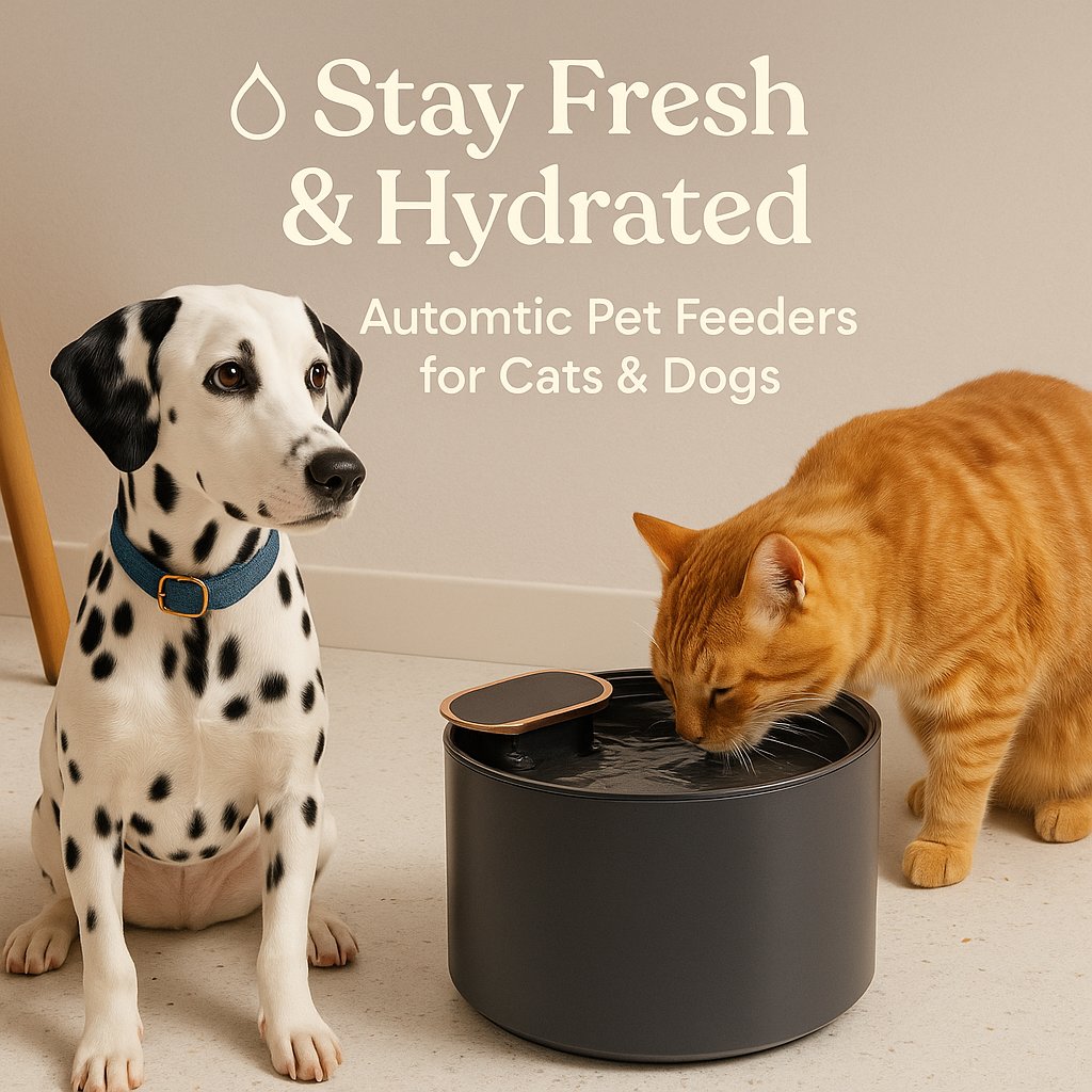 Dalmatian dog and orange cat using an automatic water dispenser – smart feeder collection banner for cats and dogs – XPetShop
