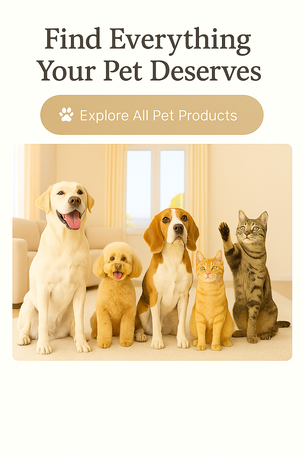 Dogs and cats sitting indoors with text "Find Everything Your Pet Deserves" – promoting the All Essentials Pet Products collection
