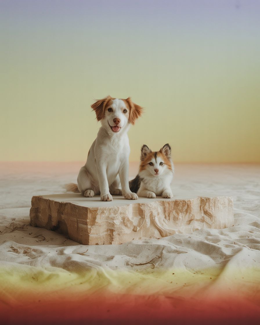 Two adorable pets — a puppy and a kitten — sitting on a cosy platform at sunset, surrounded by warm pastel tones. Enchanting, soft lighting evokes comfort and companionship.