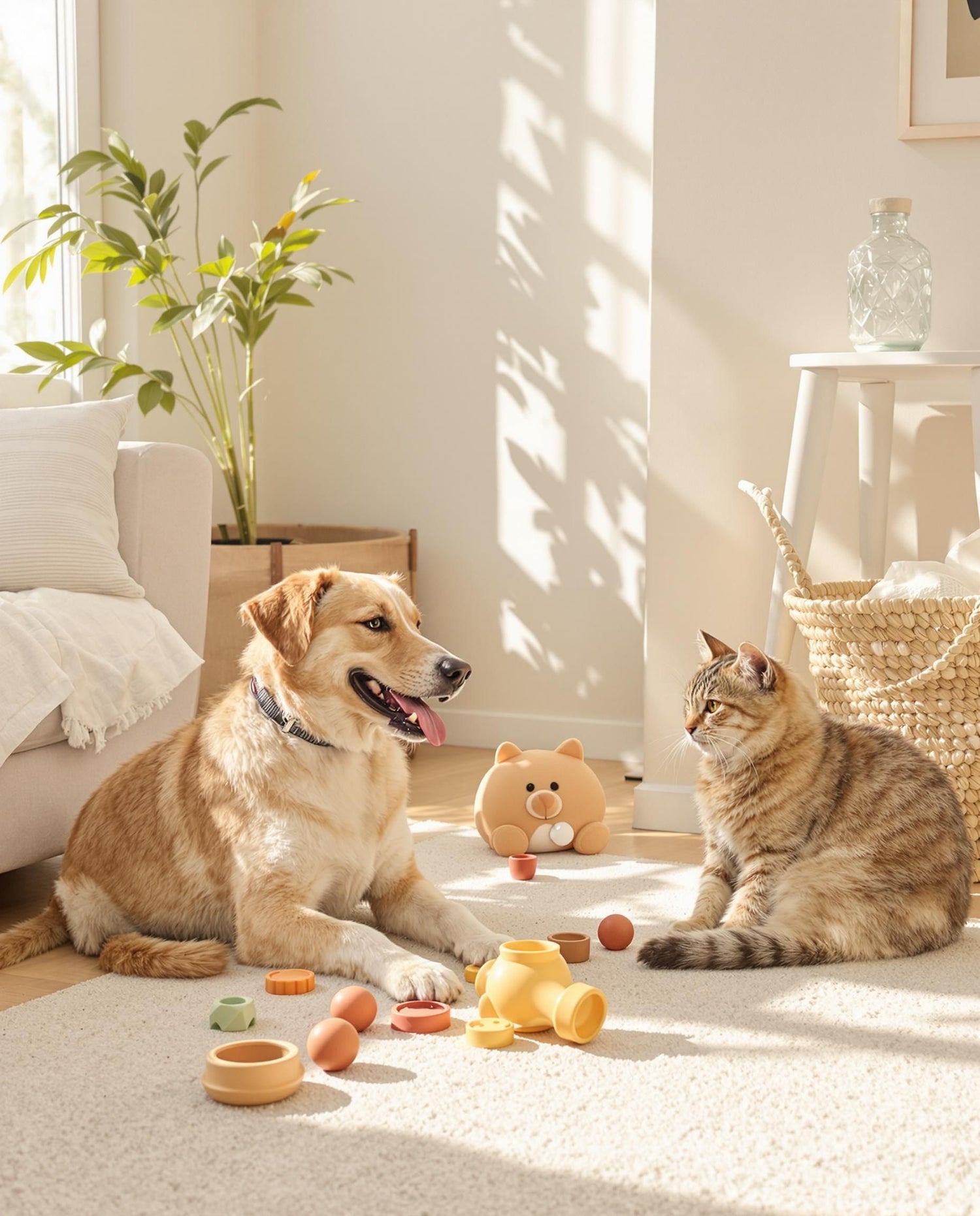 Dog and cat playing together with soft-coloured interactive toys on a cozy rug in a bright, pet-friendly living room.