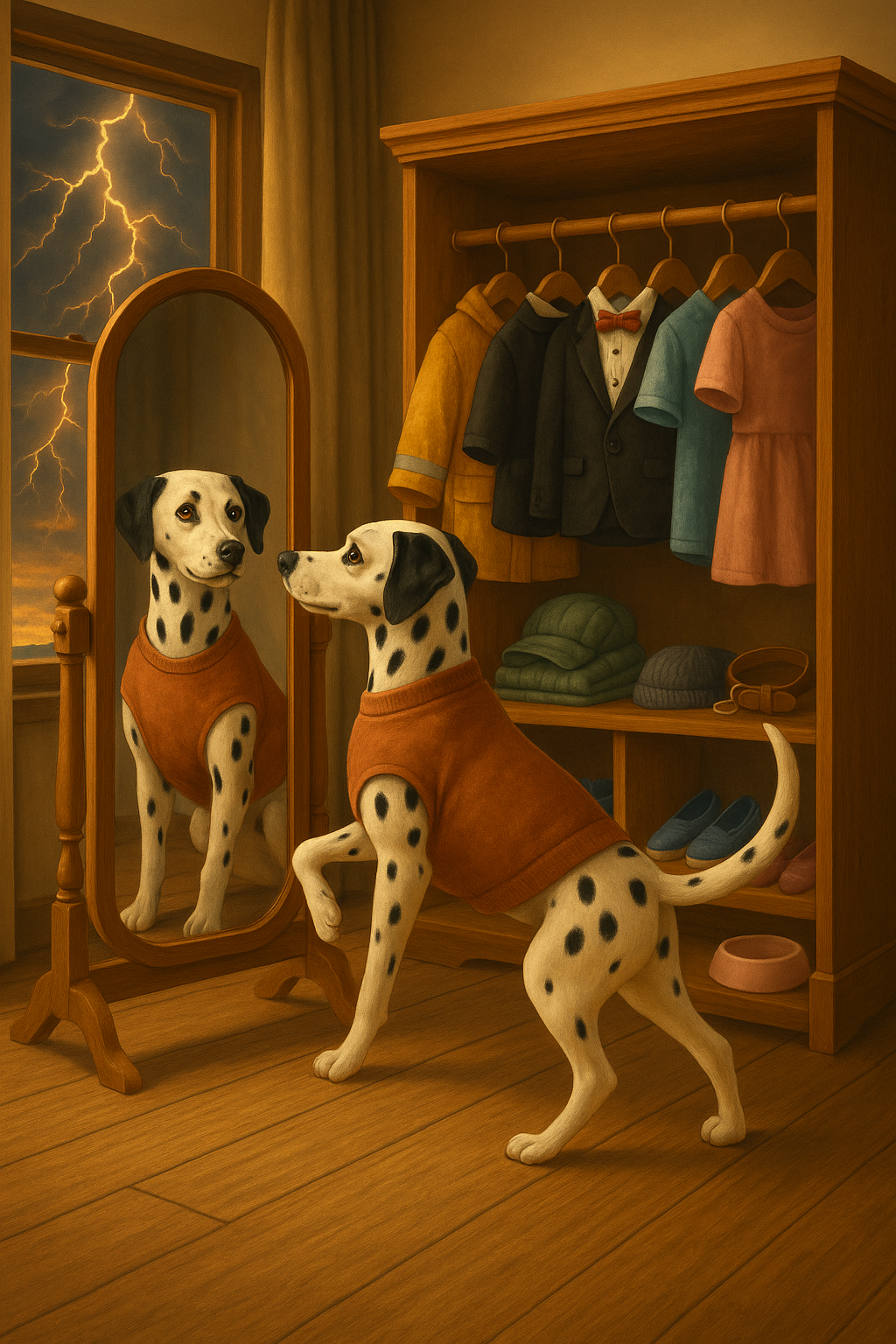 Dalmatian dog wearing rust sweater looking in mirror – pet fashion wardrobe with jackets and dresses