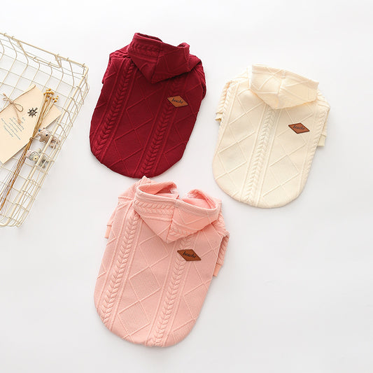 Knitted pet sweaters in pink, cream and wine red – soft cotton pullover for dogs and cats on white background