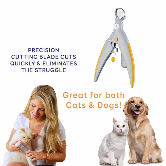 "Pet nail trimmer with ergonomic handle, shown next to a woman grooming a cat, and a golden retriever with a white cat – highlights safe use for both dogs and cats on a white background.