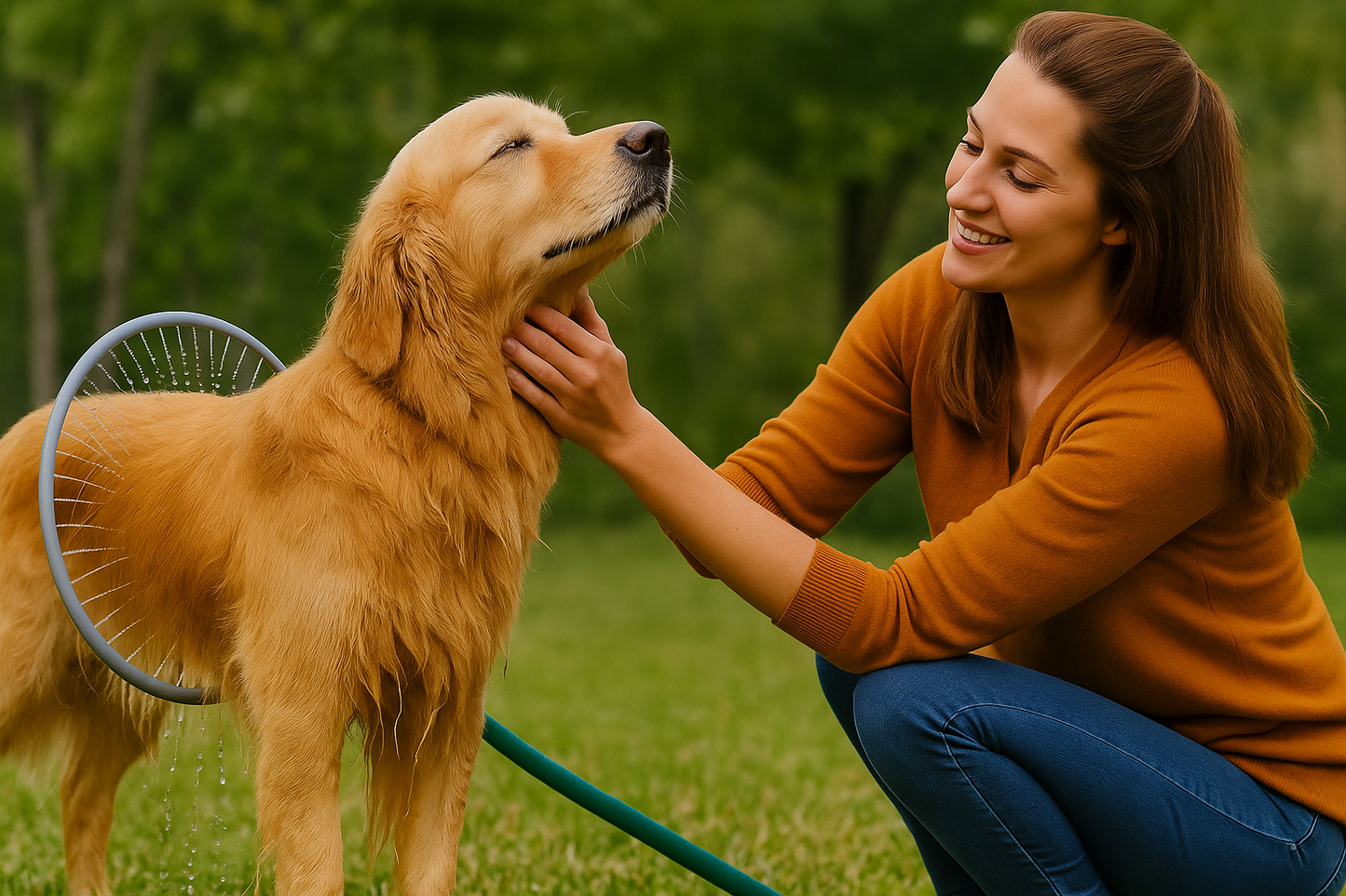 Golden retriever being bathed using automatic 360° pet bath ring