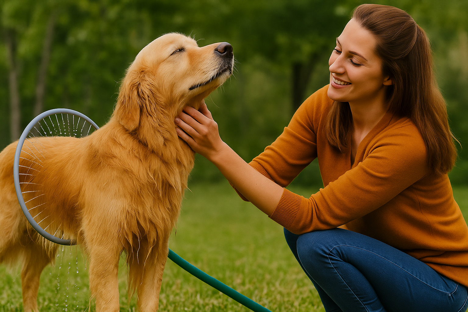 Golden retriever being bathed using automatic 360° pet bath ring